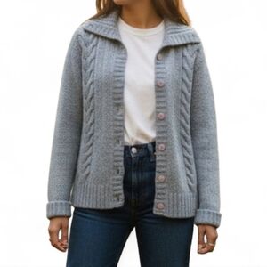 L.L. Bean Blue Confetti Tweed Cable Knit Cardigan Sweater Size M